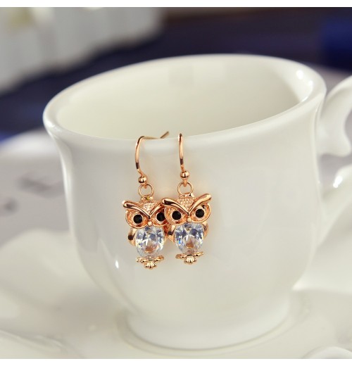 Cross-border rose gold zircon stud earrings, women's versatile and fresh, European and American owl earrings factory direct sales Cross-border rose gold zircon stud earrings, women's versatile and fresh, European and American owl earrings factory direct sales