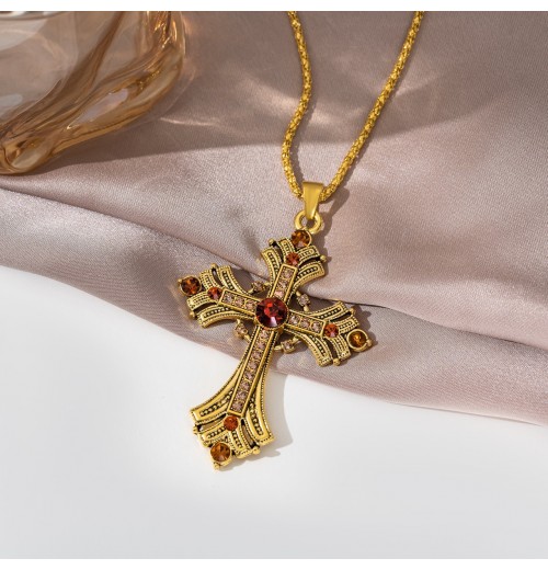 Golden medieval subculture cross rhinestone necklace, Millennium sweet and cool style long clavicle chain, hot girl Golden medieval subculture cross rhinestone necklace, Millennium sweet and cool style long clavicle chain, hot girl