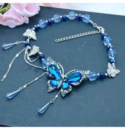 New water drop butterfly collarbone chain, deep blue niche retro butterfly crystal elegant necklace, high-end necklaces for women New water drop butterfly collarbone chain, deep blue niche retro butterfly crystal elegant necklace, high-end necklaces for women