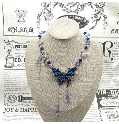 New water drop butterfly collarbone chain, deep blue niche retro butterfly crystal elegant necklace, high-end necklaces for women New water drop butterfly collarbone chain, deep blue niche retro butterfly crystal elegant necklace, high-end necklaces for women