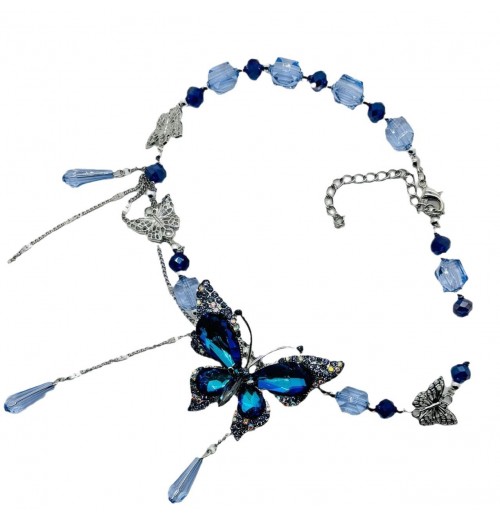 New water drop butterfly collarbone chain, deep blue niche retro butterfly crystal elegant necklace, high-end necklaces for women New water drop butterfly collarbone chain, deep blue niche retro butterfly crystal elegant necklace, high-end necklaces for women